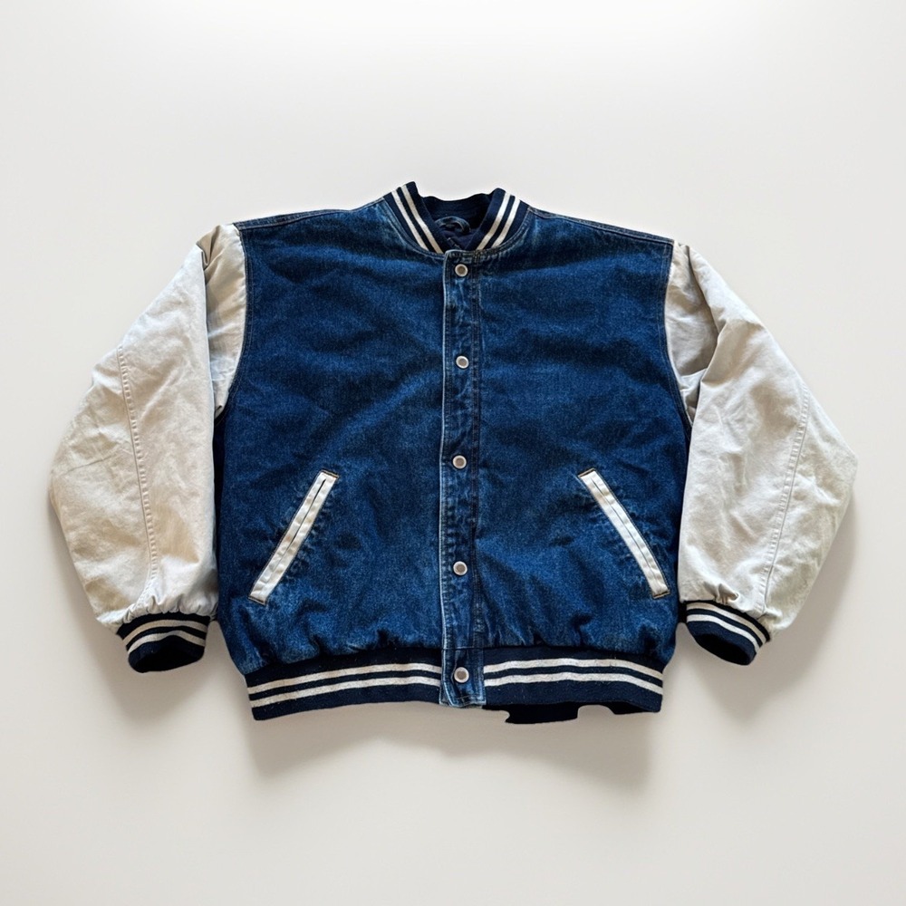 Vintage Basic Editions‎ Denim Jacket Mens L Varsity Bomber Y2K 90s Streetwear
